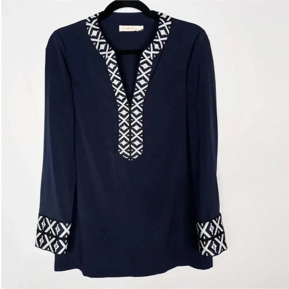Tory Burch Ariana navy tunic embroidered trim long sleeve Size 2